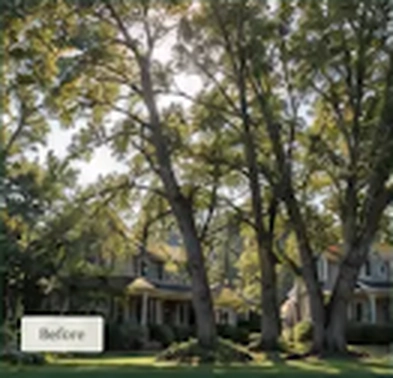 Before pruning: dense branches shade the front of the home.
