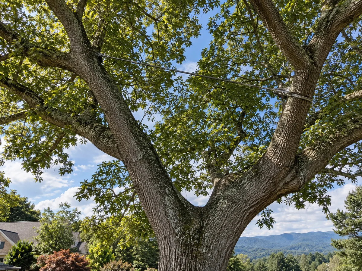 Support cabling installed between major limbs of a mature tree.