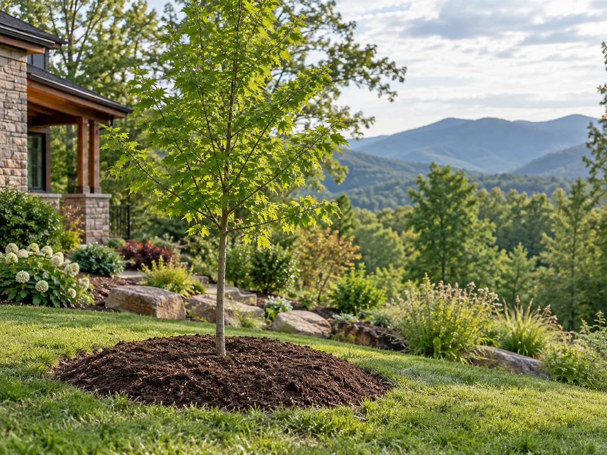 A newly planted young tree in a mountain landscape.